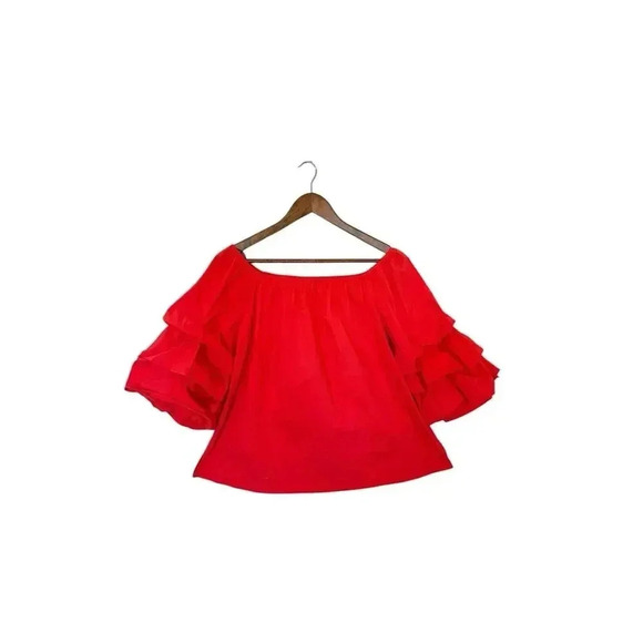 ZARA Top Womens Size M Red Cotton Blend Off The Shoulder Ruffle Sleeve Boho - Picture 2 of 8